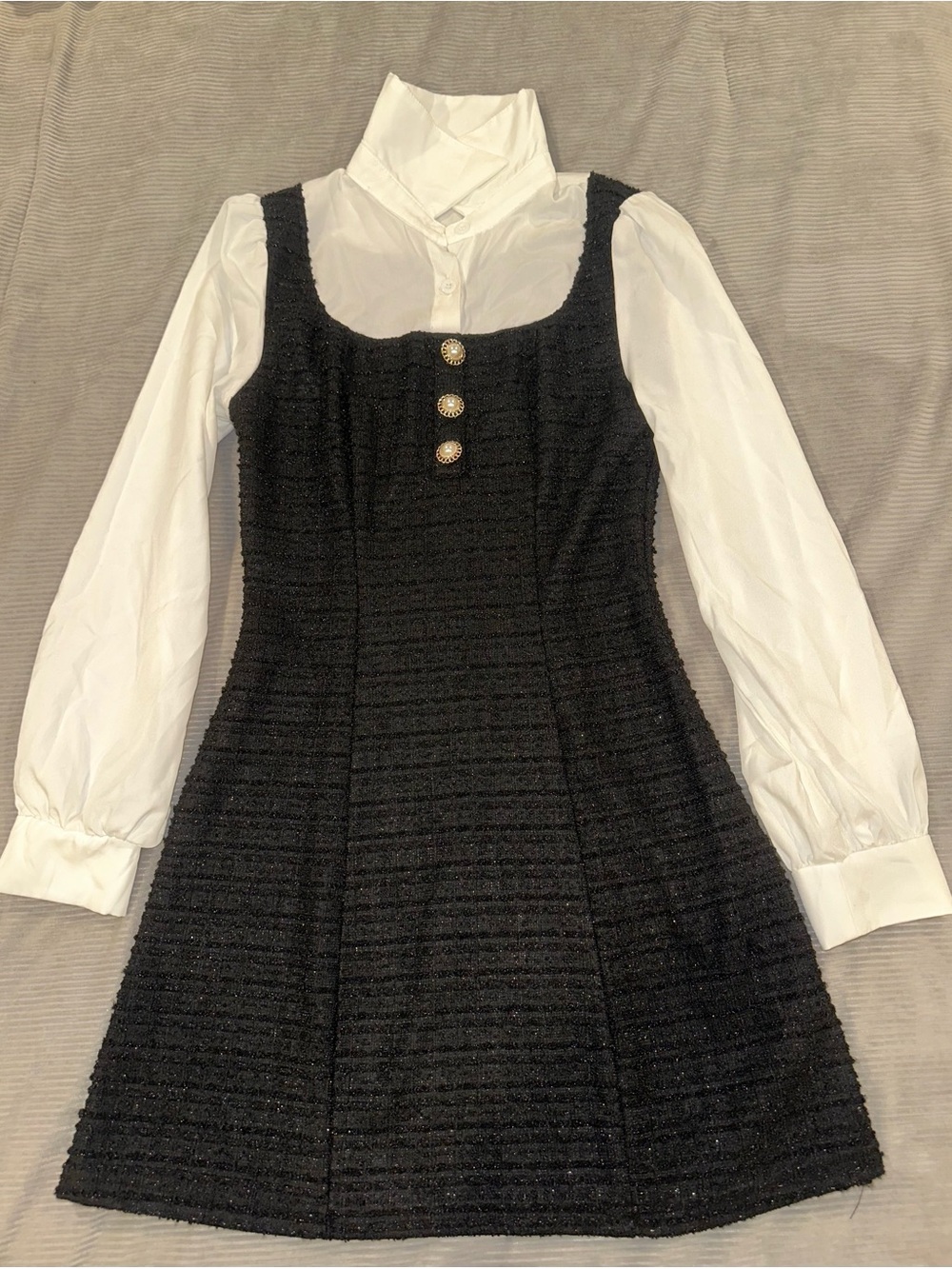 Black Tweed Pinafore Dress with White Blouse Look